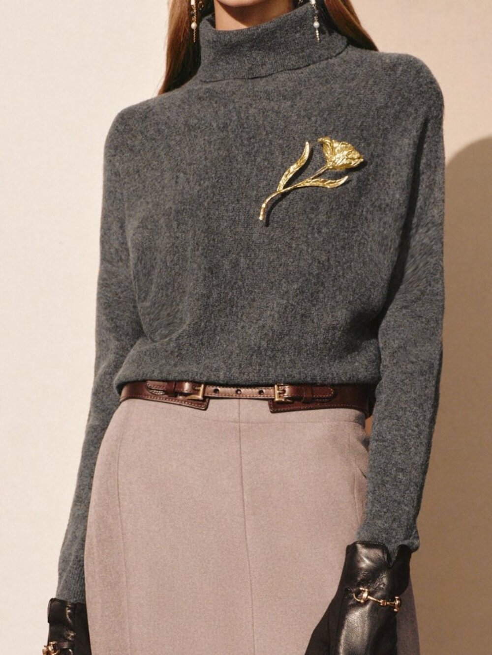 Gray Casual Women's Stand Collar Patched Pullover